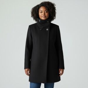 Trina Turk Black Lambswool Mock Neck Button Front A Line Coat Women's Size 14‎